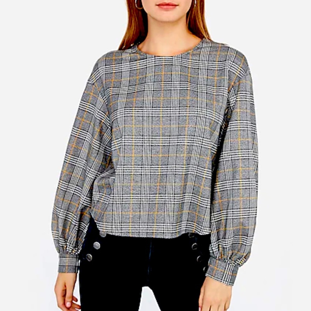 Express Plaid Balloon Sleeve Top